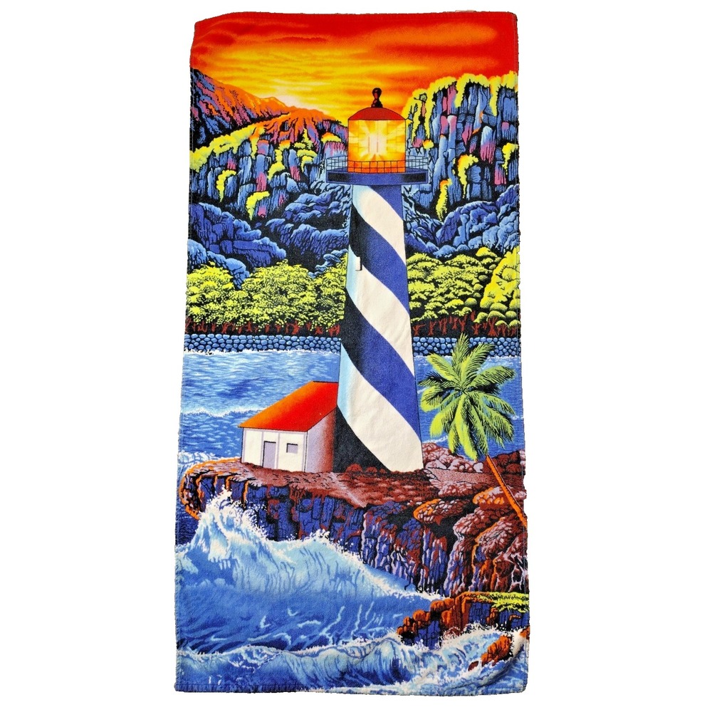 Vntg HILASAL LITEHOUSE PRINT Beach Towel Approx. 56" X 26  El Salvador 90's NWOT